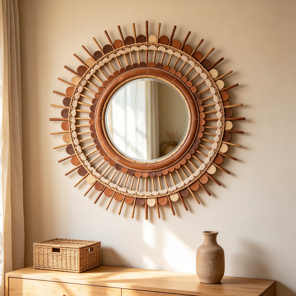 Bohemian Vintage Terracotta Sunburst Wall Mirror
