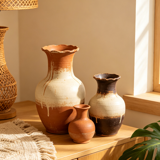 Bohemian Vintage Textured Ceramic Vase Set of 3, Handcrafted Neutral Terracotta Decorative Vases for Home Living Room, Bedroom, Tabletop & Centerpiece Decor