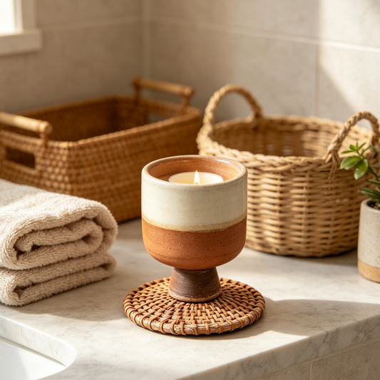 Bohemian Rattan Terracotta Candle Holder, Handwoven Vintage Candle Stand, Rustic Farmhouse Decorative Centerpiece for Bedroom, Living Room, Bathroom & Home Aesthetic Decor