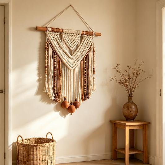 Bohemian Macrame Wall Hanging Decor, Handwoven Cotton Linen Rattan Tapestry, Vintage Art Wall Ornament for Bedroom Headboard, Living Room Sofa Background & Entryway Decor