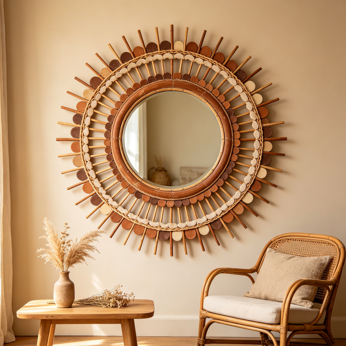 Bohemian Vintage Terracotta Sunburst Wall Mirror