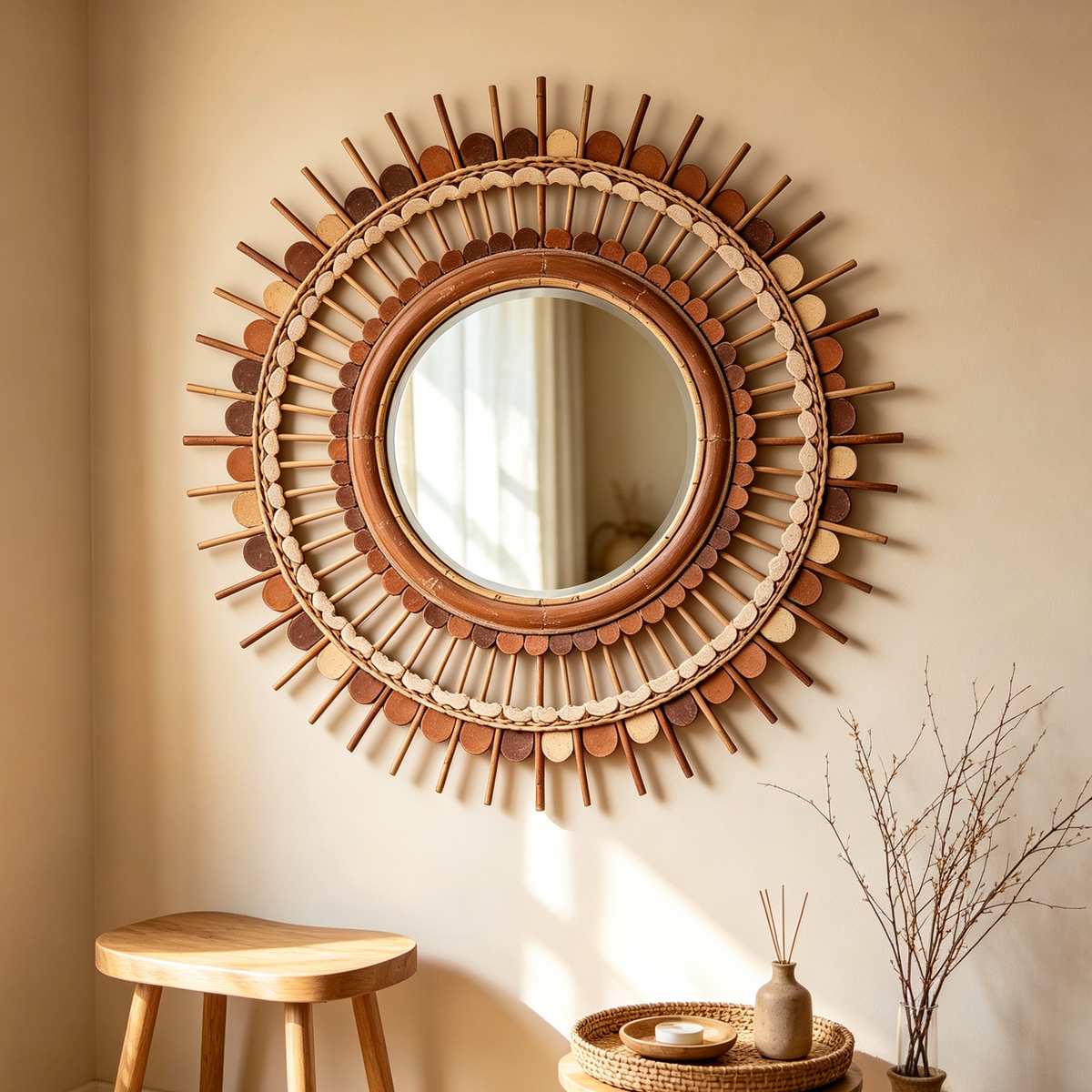 Bohemian Vintage Terracotta Sunburst Wall Mirror