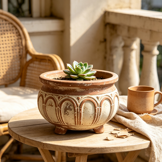 Vintage Distressed Terracotta Relief Planter, Handcrafted Textured Ceramic Plant Pot, Bohemian Indoor Outdoor Decorative Planter for Home, Window Sill, Entryway Decor