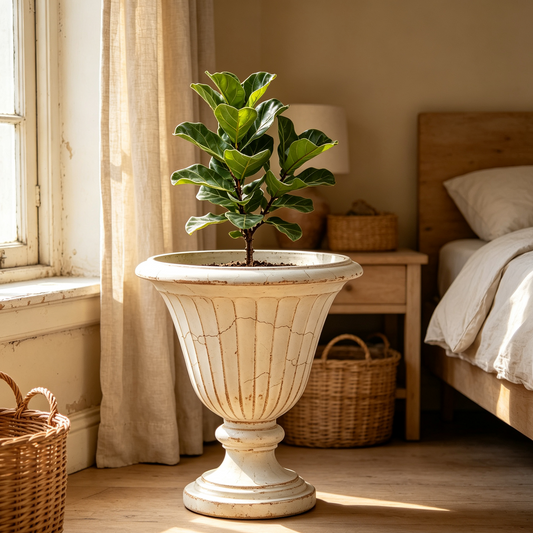 Vintage Cream Distressed Tall Planter, Bohemian Elevated Ceramic Plant Pot, Retro Textured Standing Planter for Living Room, Bedroom, Indoor Home Greenery Decor