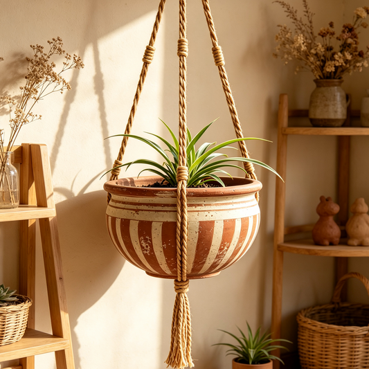 Vintage Terracotta Stripe Hanging Planter, Bohemian Handwoven Rope Ceramic Plant Pot, Retro Wall Hanging Planter for Window, Balcony & Indoor Greenery Decor