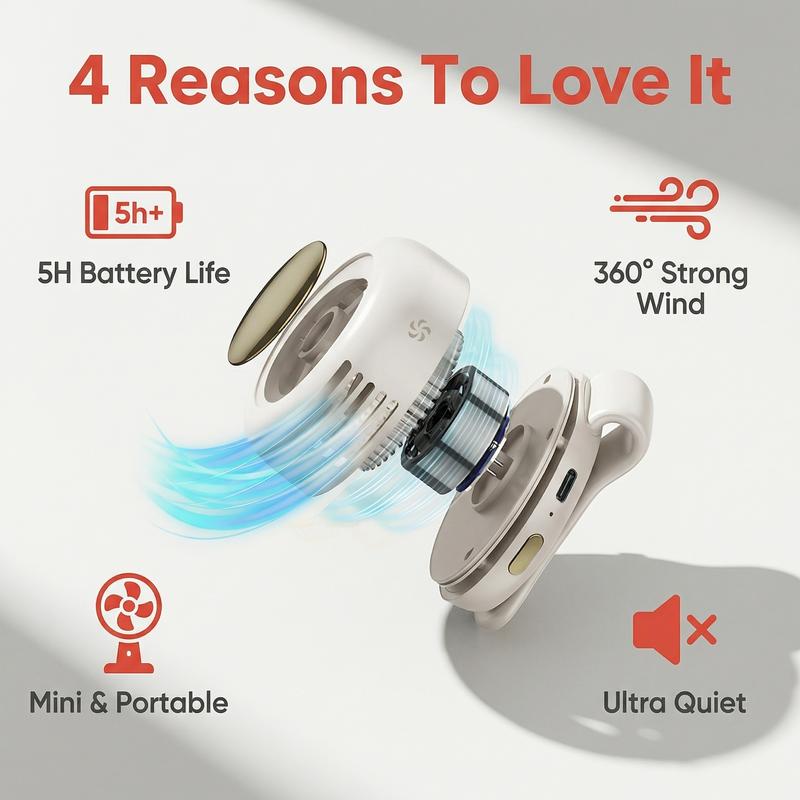 Clip-On Bladeless Mini Fan – Hands-Free Cooling, 360° Adjustable & 3-Speed USB Rechargeable